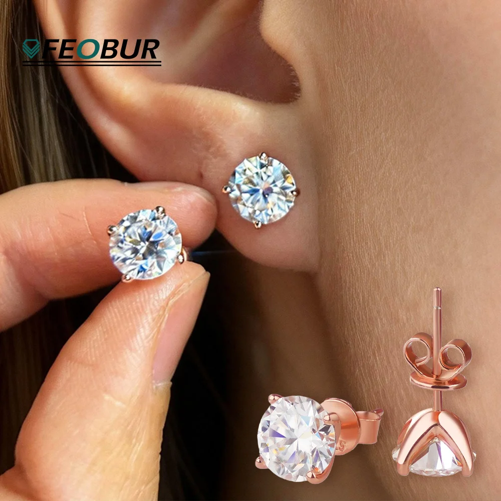 FEOBUR Sparkling 0.2-3ct D Color Moissanite Diamond Stud Earring RoseGold Color 925 Sterling Silver Women Party Jewelry Gifts