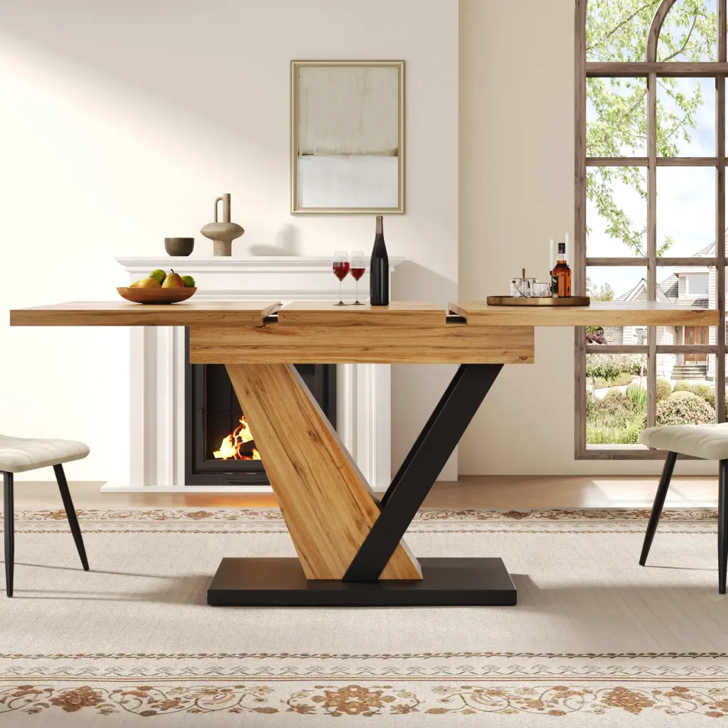 PINGGO Extendable dining table table, kitchen table, suitable for kitchen and living room, tabletop with wood grain finish