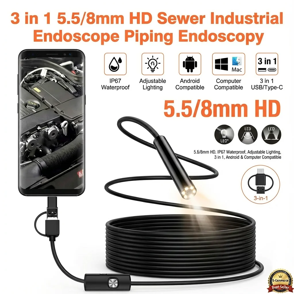 Mini Wired Endoscope Inspection Camera, 1MP Borescope with LED Lighting, 8 / 5.5mm Waterproof USB & Type-C Endoscope for Android