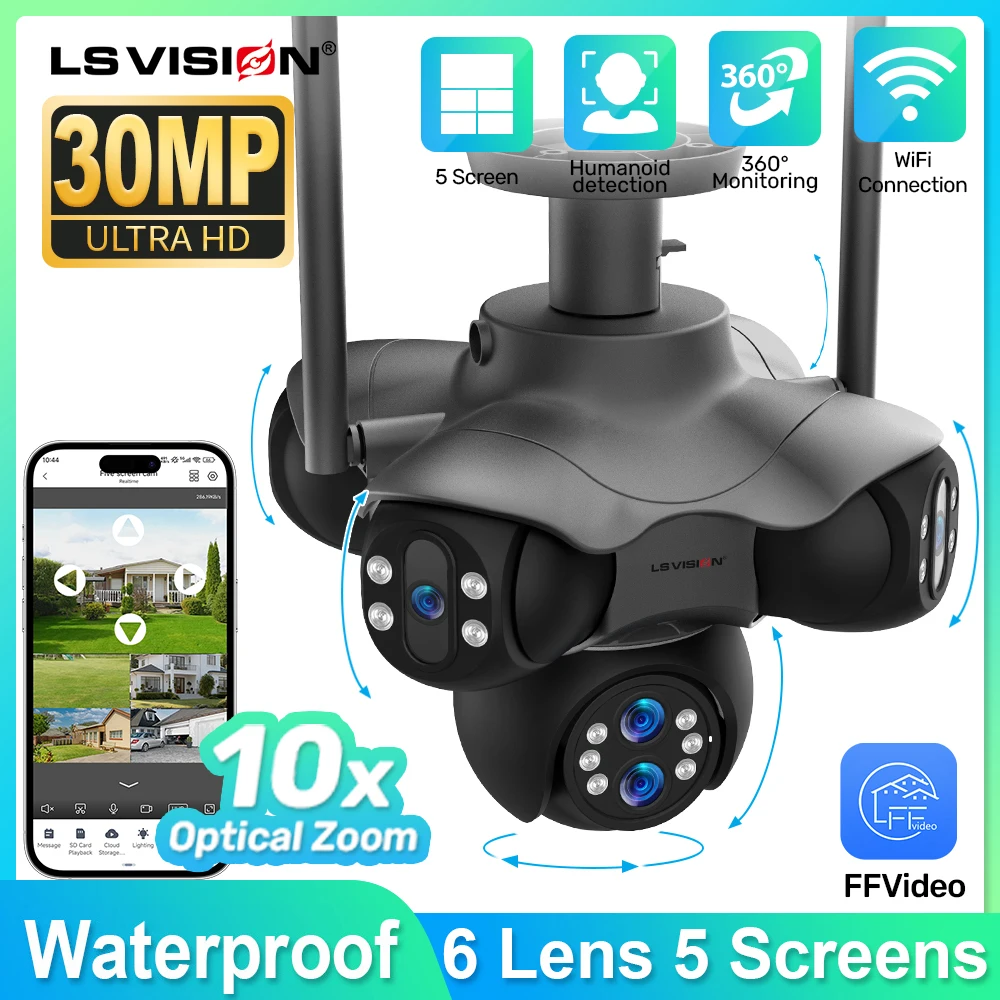 LS VISION Wifi PTZ Panoramic Security Camera Outdoor 6 Lens 5 Screens Color Night CCTV Wireless Video Surveillance Cameras 30MP