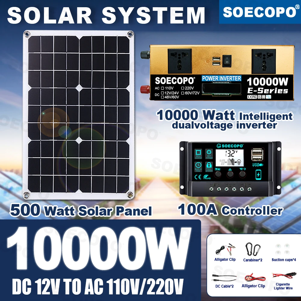 10000W Solar Kit 500W Panel 100A MPPT Controller DC Cable 12V/24V to 220V/110V Inverter for Camping Emergency CE Certified