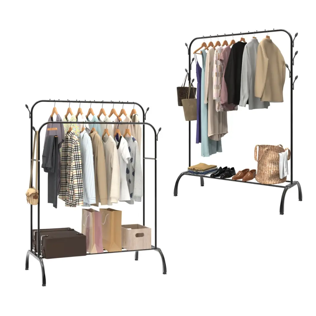 Metal Clothes Rail Coat Stand Clothes Rail for Bedroom Freestanding Garment Rack Hanger With 8 Side Hooks for Bedroom Office