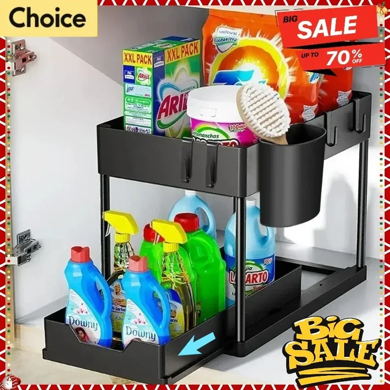 2Tier Multi-function Kitchen Sink Organizer,Sliding Cabinet Basket with Hooks Hanging Cup-New Bathroom Kitchen Space-Saving Rack