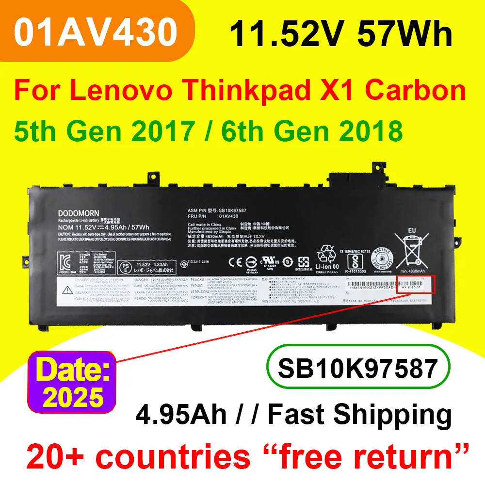 01AV494 01AV430 For Lenovo ThinkPad X1 Carbon 5th 2017/6th Gen 2018 Laptop Battery 01AV429 01AV431 SB10K97587 11.52V 57Wh