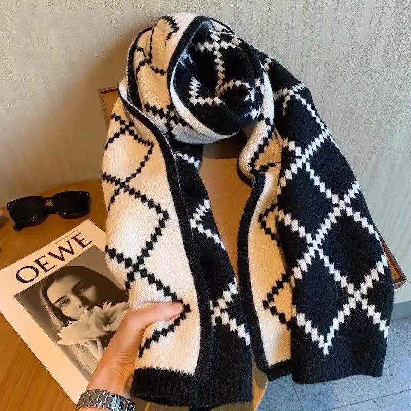Winter Women Men Scarf Double-Sided Woolen Knitted Plaid Scarf Small Soft Warm Couple Scarves Outdoor Windproof Neckerchief