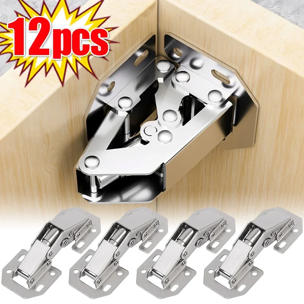 12-2PCS Stainless Steel Cabinet Hinges 90 Degree No-Drilling Hole Cupboard Door Buffer Hinges Furniture Cabinet Hardware Kits