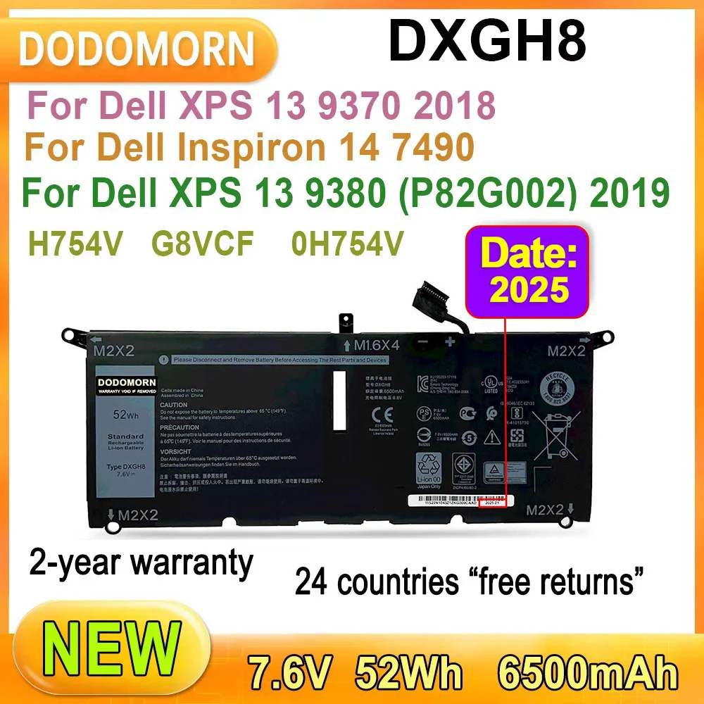 New DXGH8 Laptop Battery For Dell XPS 13 9370 2018,9380 (P82G002) 2019,7390(2019),Inspiron 7390 2-in-1,14 7490,H754V G8VCF 52Wh