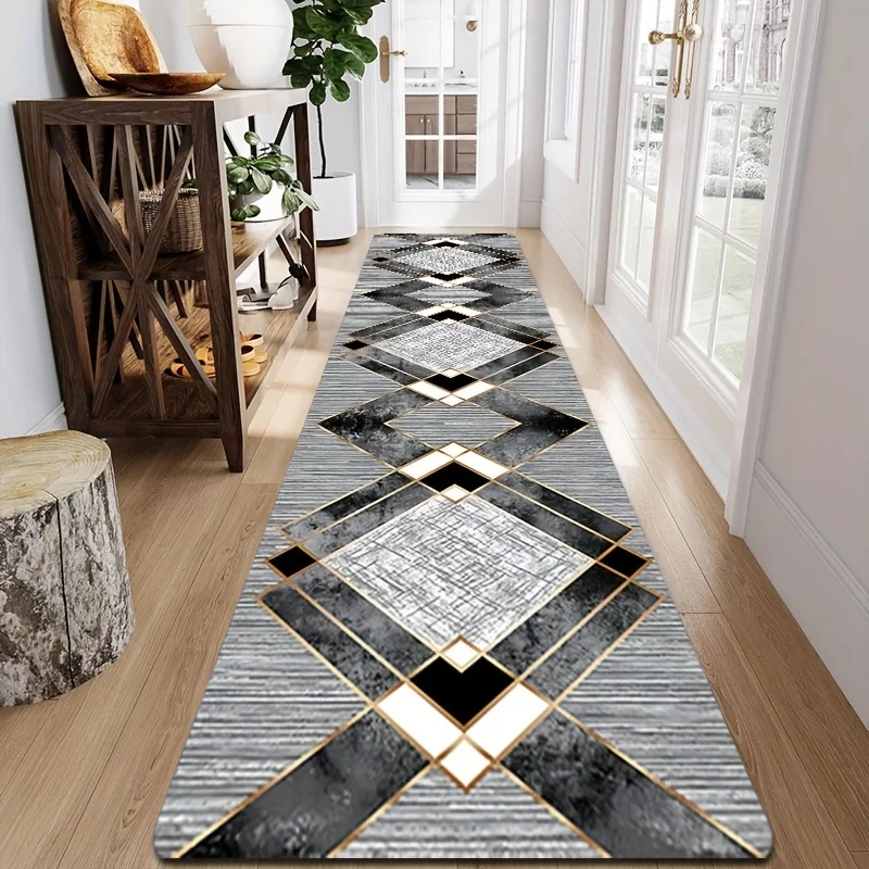 VIKAMA Modern Geometric Runner Rug Luxury Black & Gold Pattern Non-Slip Long Rug for Hallway & Entryway Home Decor