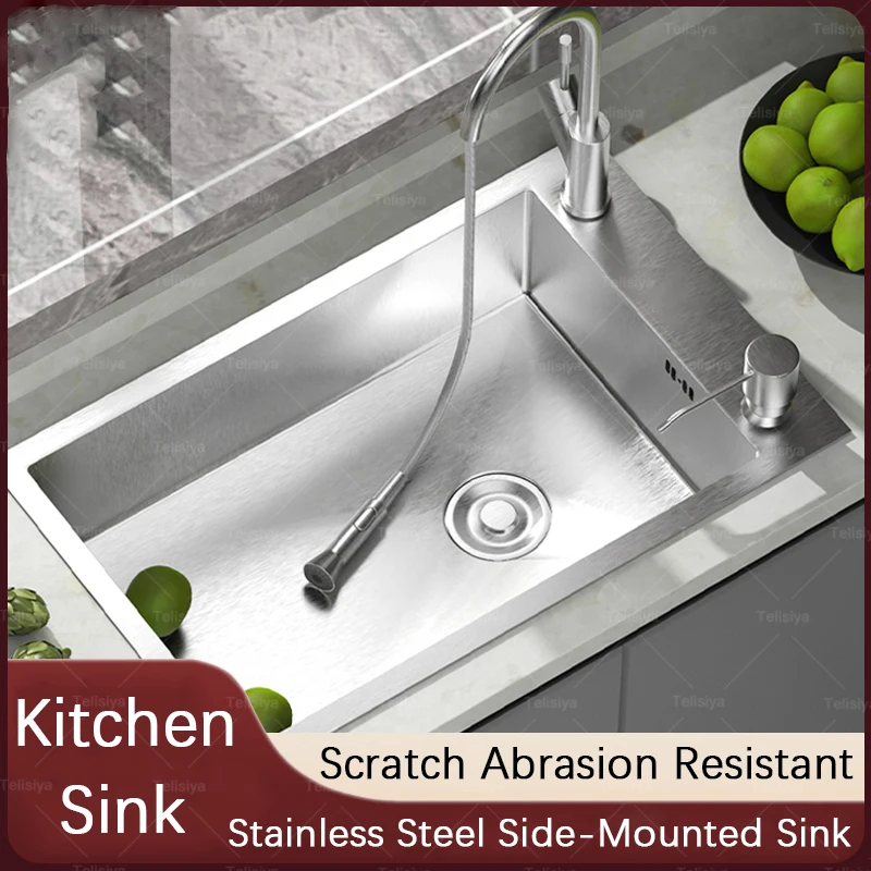 Stainless Steel Kitchen Sink Narrow Long Model Side Hole Large Single Slot Wash Dish Wash Vegetable Bowl Washbasin On Countertop