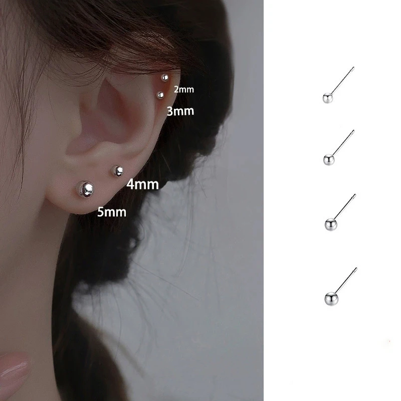 Real 925 Sterling Piercing Bone Unisex Mini Classic Stud Earrings 2/3/4/5MM Bead Ear Hole Care Jewelry Accessories