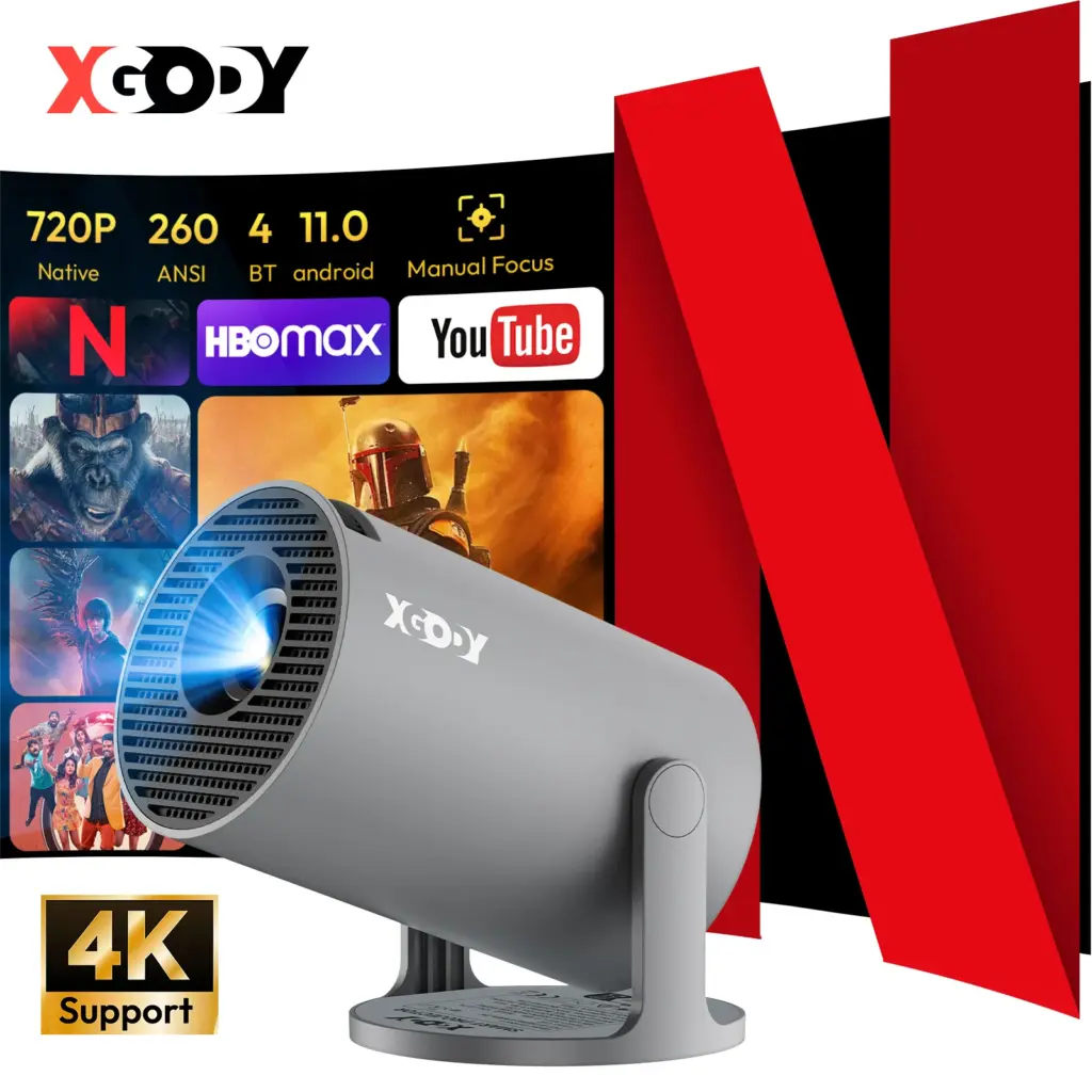 XGODY Projector 4K Wifi6 Android Beamer 200 ANSI Dual WIFI Allwinner H713 BT5.4 1280*720P Home Theater Outdoor Portabl