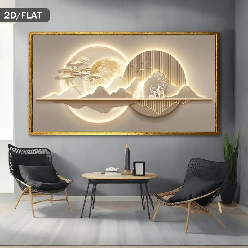 One oversized modern abstract gold moon and gable art piece - minimalist beige, brown, gold and white canvas poster, suitable fo