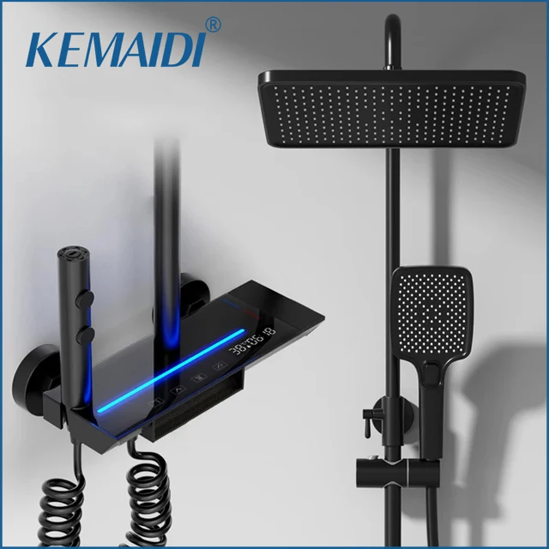 KEMAIDI Brass Bathroom Faucet 4 Ways Shower Faucet Set With Digital Display Ambient Light Shower System Rainfall Shower Set