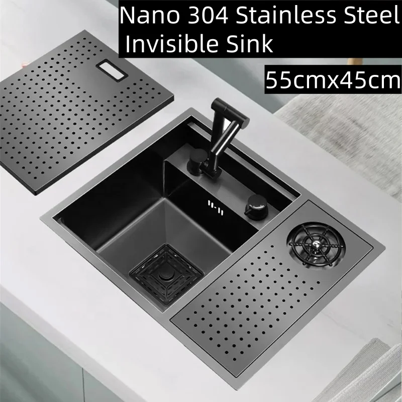 55CMX45CM Kitchen Sink Nano 304 Stainless Steel Vegetable Wash Basin Single Sink Wash Basin Sink Adjustable Folding Faucet