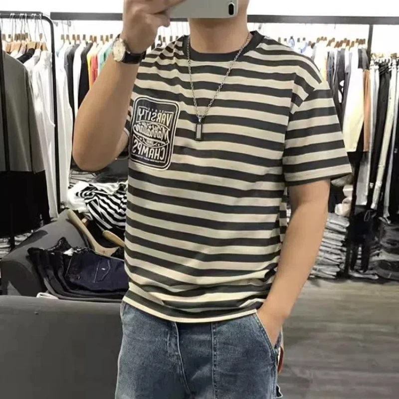 New Men's Pure Cotton Striped Short-sleeved T-shirt Personalized Stretch Top