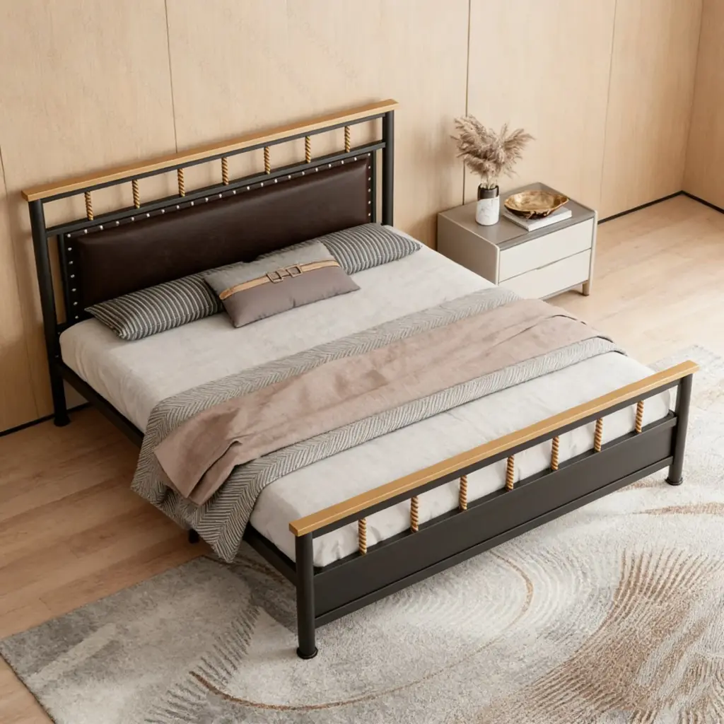 Stylish Mattress Pallet for Bedroom Sturdy Metal Bed Frame with High Backrest Modern Wood Mattress Base Vintage Simple Bed Bases
