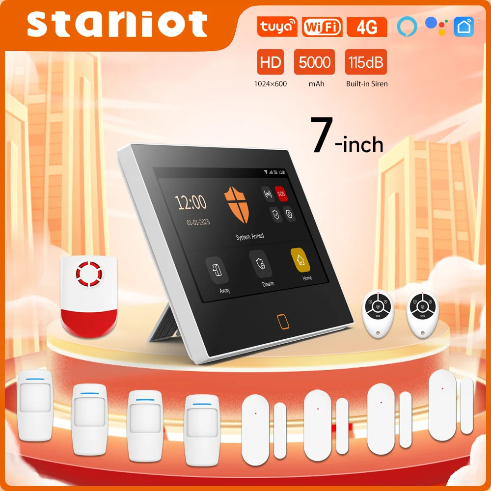 Staniot 7 inch Home Alarm System Wireless WiFi 4G Tuya Smart Security Protection Kit Built-in 115dB Louder Siren 5000mAh Battery
