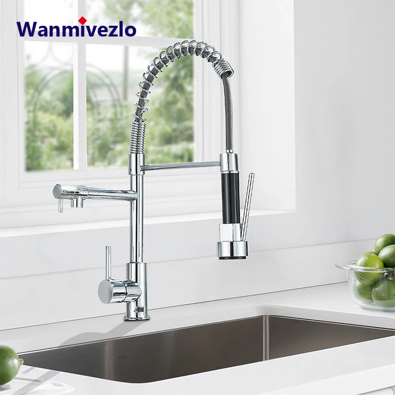 Wanmivezlo Pull Down Kitchen Sink Faucet Hot Cold Water Mixer Crane Tap with Dual Spout 360 Rotation High Faucet Deck Mounted