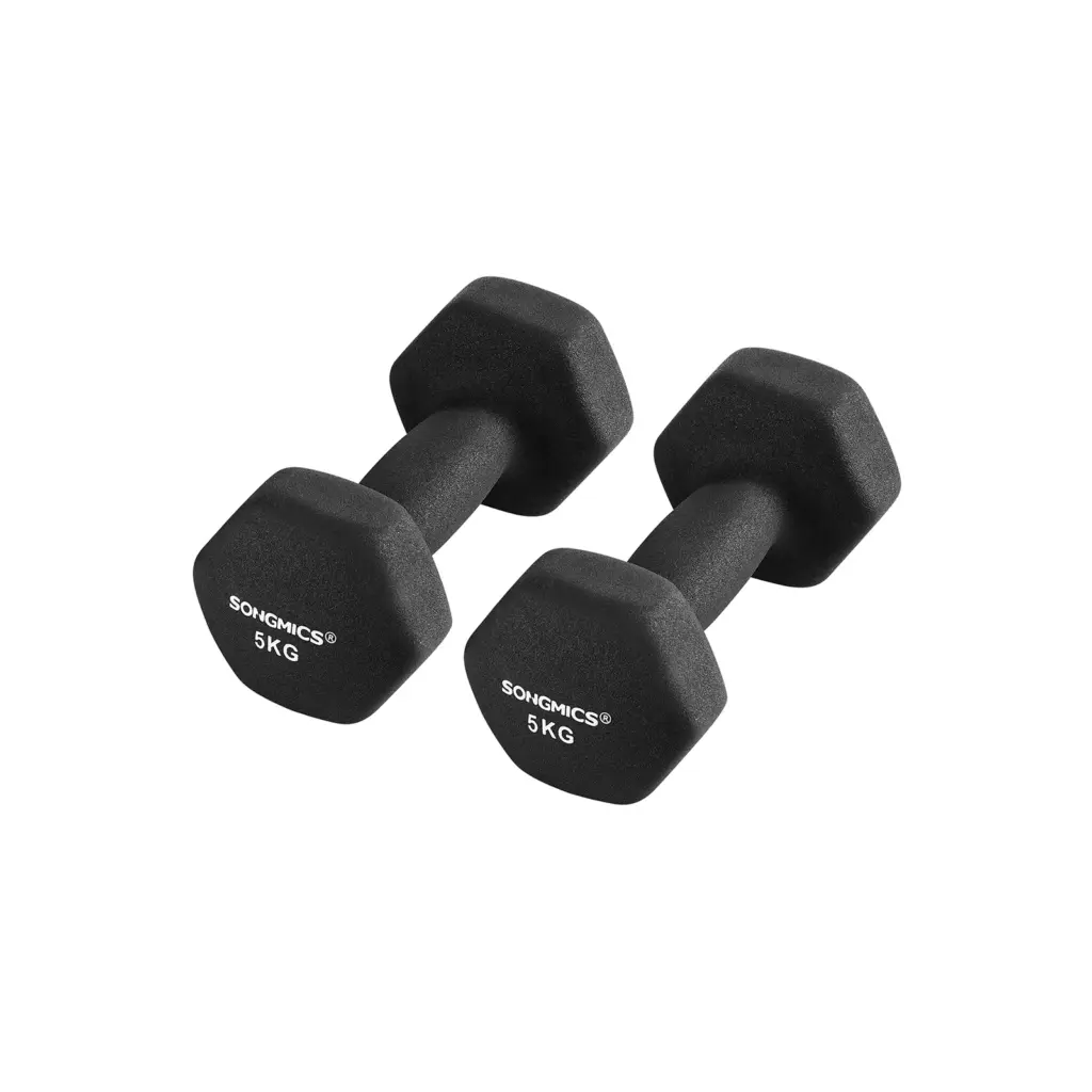 SONGMICS Dumbbells Set of 2 2 x 5kg Dumbbells Set Dumbbells Hexagon Neoprene Coating Strength Training Workout Fitness