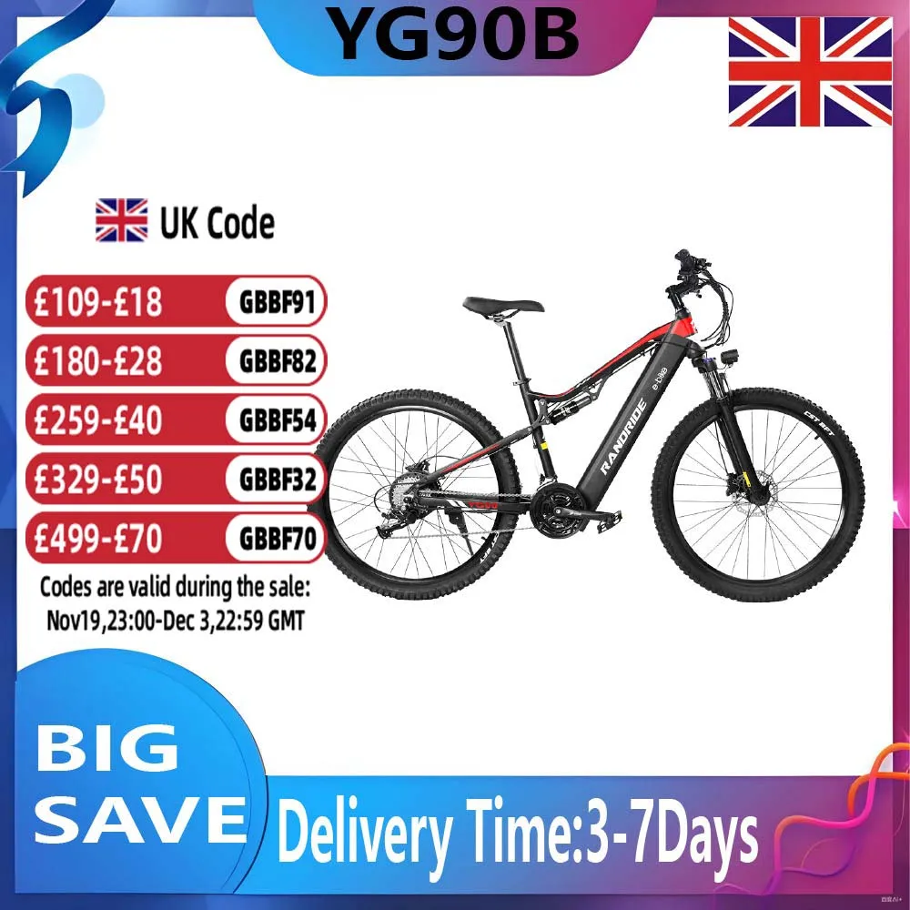RANDRIDE YG90B Adult Electric Bicycle 1000W Motor E-Mountain Bike 48V17Ah Battery Ebike 27.5/29 Inch Tire E-bike Electric Bike