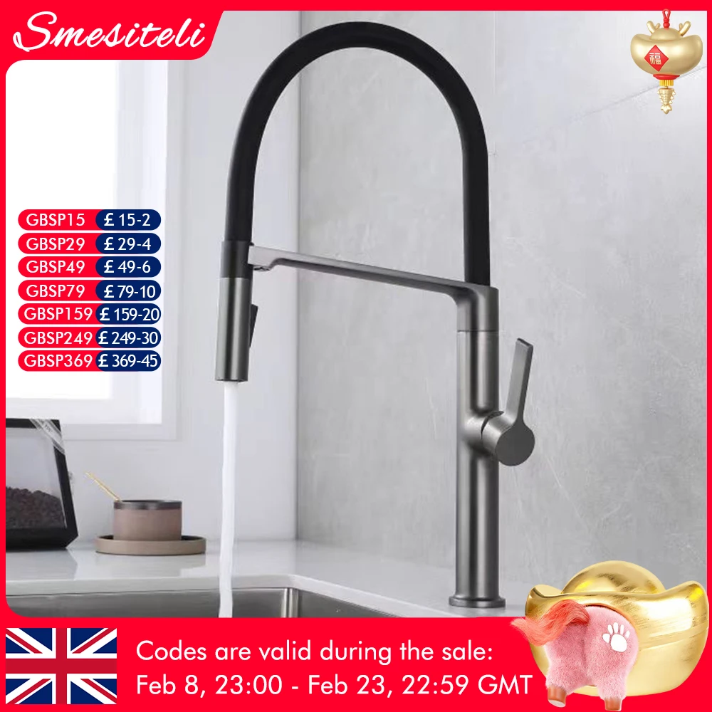 Gunmetal Rubber Kitchen Faucet Mixer Rotation Pull Down Stream Sprayer Taps Hot And Cold Water Single Hole Single Handle Faucet