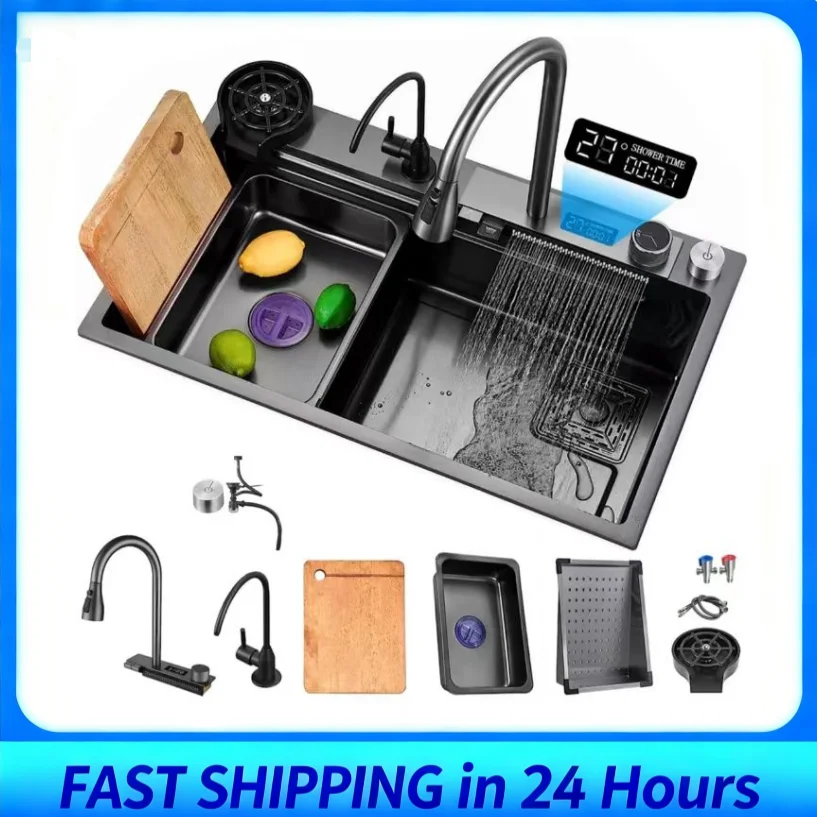 Smart Kitchen Sink Precision-Crafted Thick Gauge Brushed Stainless Steel-Digital Display Large Capacity Professional Washing