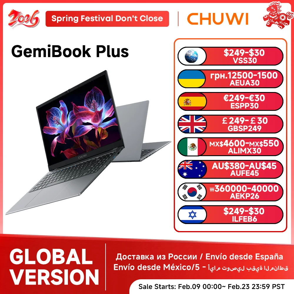 CHUWI GemiBook Plus 15.6'' Laptop 16GB RAM 512GB SSD Computer Windows 11 Laptop 12th Gen Intel Alder Lake N150 / N100