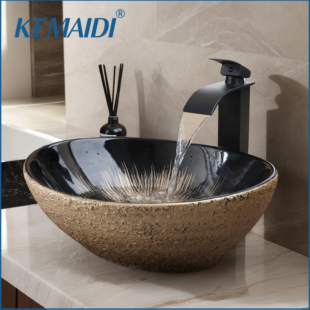 KEMAIDI Oval Vessel Sink with Faucet White Marbling Bathroom Vessel Sinks Above Counter Ceramic Vessel Sinks for Bathroom Mixer