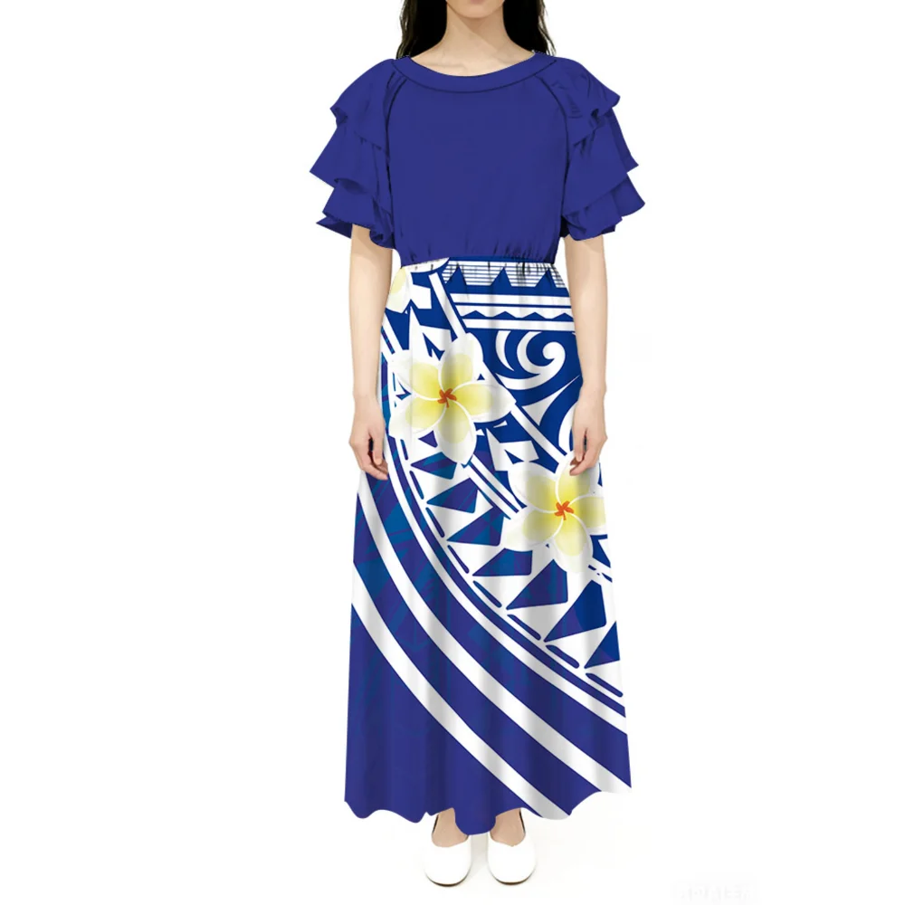 Custom-Made Polynesian Island Women'S Blue Floral Printed Round-Neck Dress Samoan Birthday Party Casual Plus-Size Evening Dress