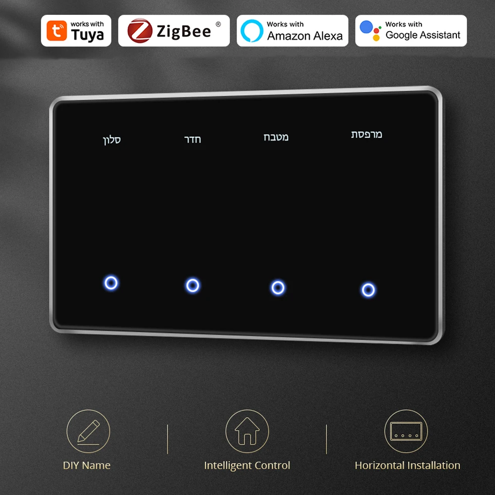 1234 Gang Horizontal Install Smart Zigbee Switch Black Panel Wall Light Switch Work with Tuya Smart Life APP Alexa Google Home