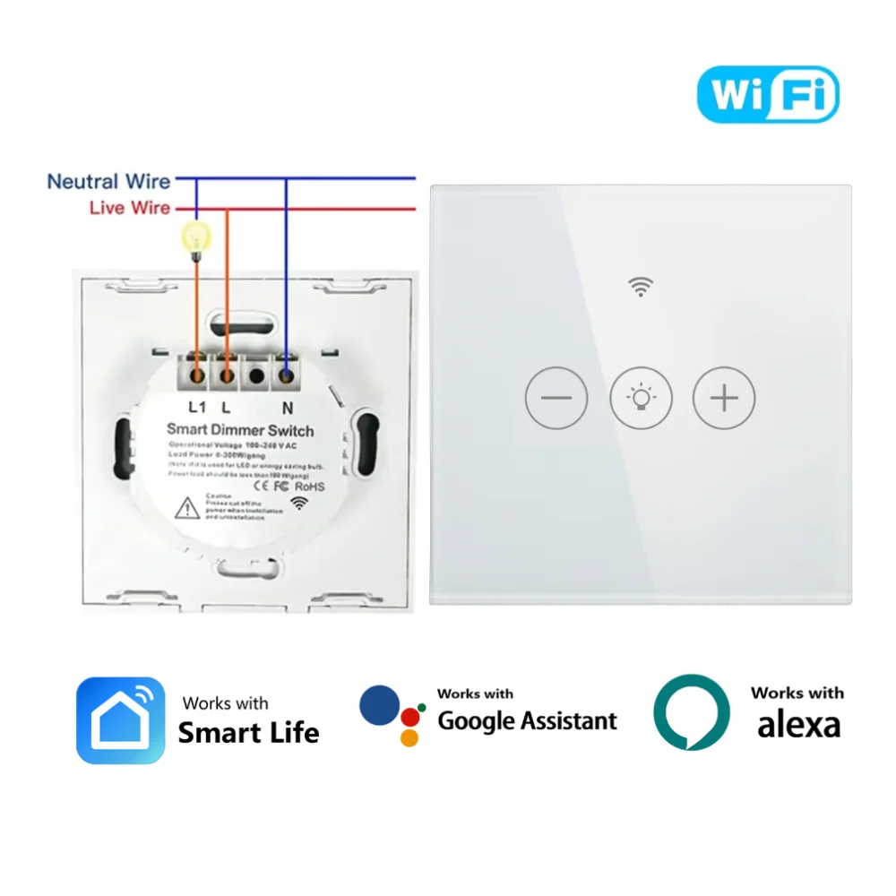 WiFi Smart Dimmer Switch Glass Touch Wall-Mounted Dimmer Switch Smart Life App Voice Alexa Google Home Control Lighting Fixtures