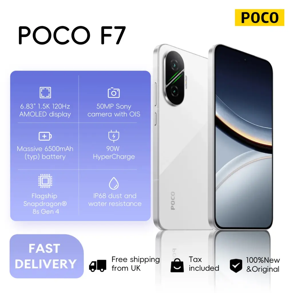 POCO F7 12+256GB Global Version 6.83" 1.5K 120Hz AMOLED Flagship Snapdragon® 8s Gen 4 WIFI 7 50MP AI Camera 6500mAh 90W NFC IP68