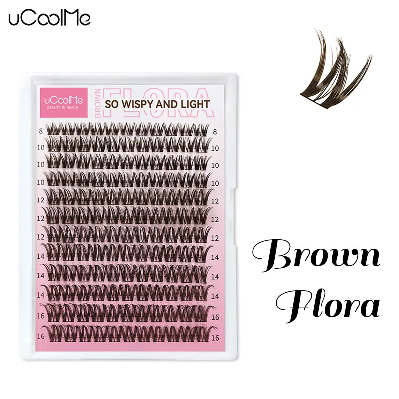 uCoolMe Eyelashes Brown Flora 0.05mm D Curl Natural Wispy and Light 8-16mm Segmented Lash Cluster DIY False Lashes Extension