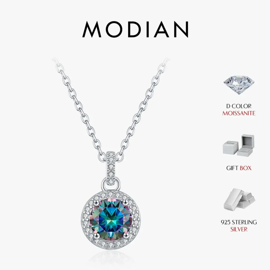 MODIAN 1CT Multicolor Round Moissanite Necklaces 925 Sterling Silver Luxury Classic Pendant Necklace For Women Fine Jewelry