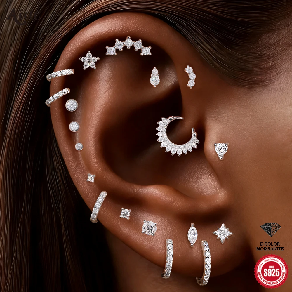 Aide Sparkling Moissanite Piercing Earring in 925 Sterling Silver for Women Luxury Diamond Ear Stack Perfect New Year's Gift