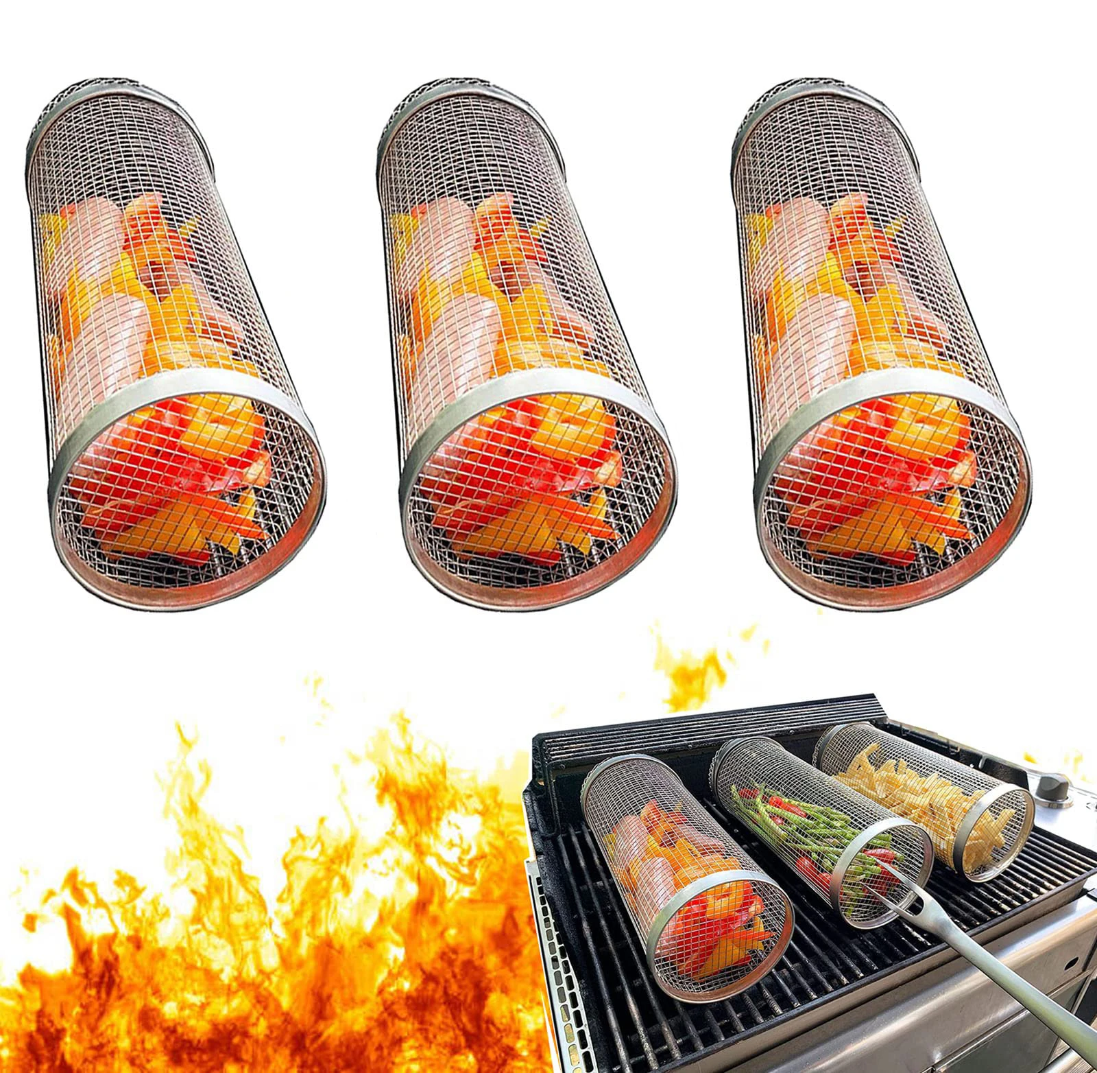 Stainless Barbecue Rolling Grilling Basket Rack Cooking Grill Grate Outdoor Round BBQ Campfire Grid Family Travel Camping Picnic