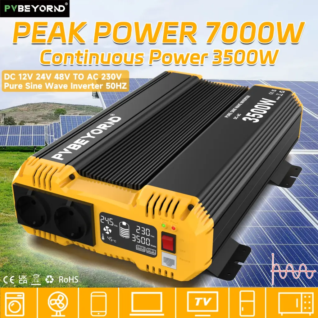 PVBEYORND Pure Sine Wave Inverter 7000W Sine Wave Inverter DC 12V 24V 48V To AC 220V 230V 50HZ Continuous Power 3500W Off-grid