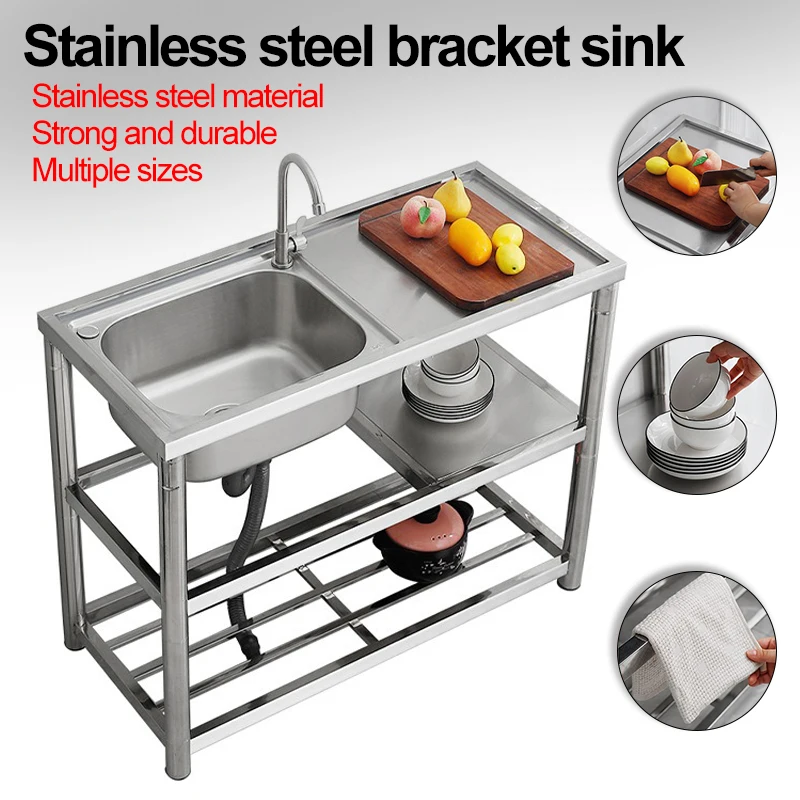 Stainless Steel Sink Kitchen Household Thickened Single Trough with Bracket Wash Basin Sink with Platform Easy Landing