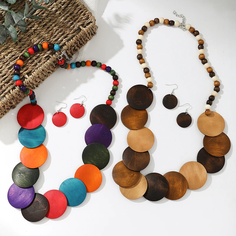 FTCY Bohemian Vintage Wood Necklace for Women Handmade Exaggerated Necklace Earring Jewelry Sets Women's Party Gifts