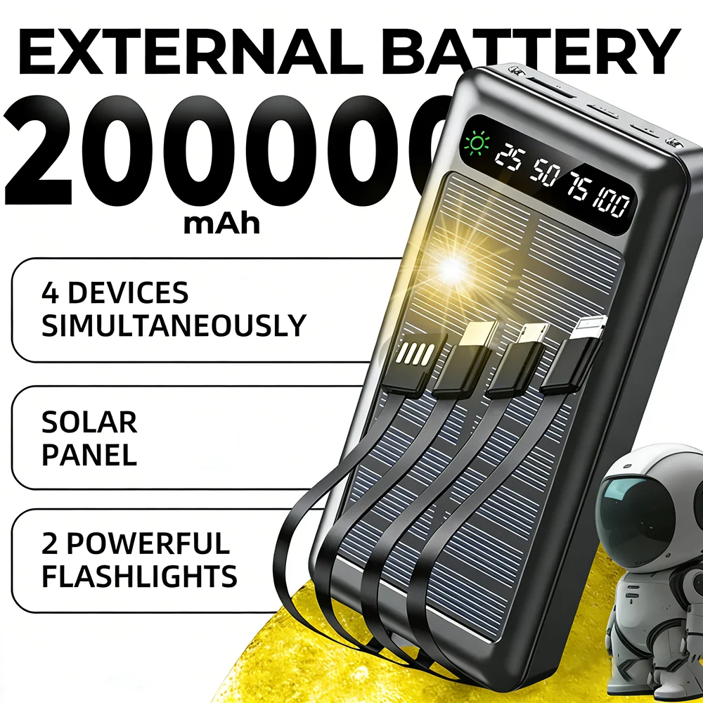 200000mAh Solar Power Bank Ultra Capacity 120W Super Fast Charging USB TypeC LED Light Outdoor Power Bank For iPhone 17 Samsung