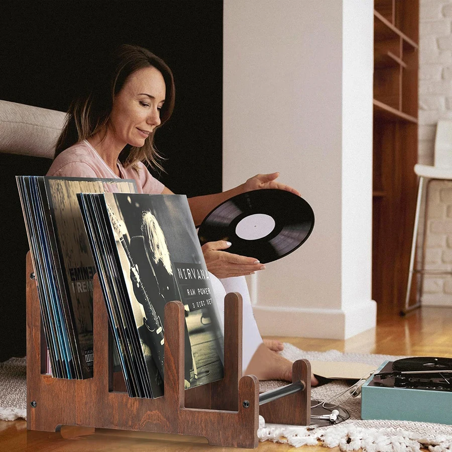 Vintage Wooden Record Holder CD Old Record Storage Display Stand Portable Iron Record Display Stand