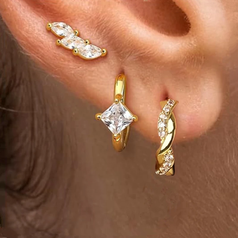 3PCS Sets Stainless Steel Square Zirconia Hoop Earrings For Women Daily Life Cartilage Stud Earrings Piercing Jewelry Gift