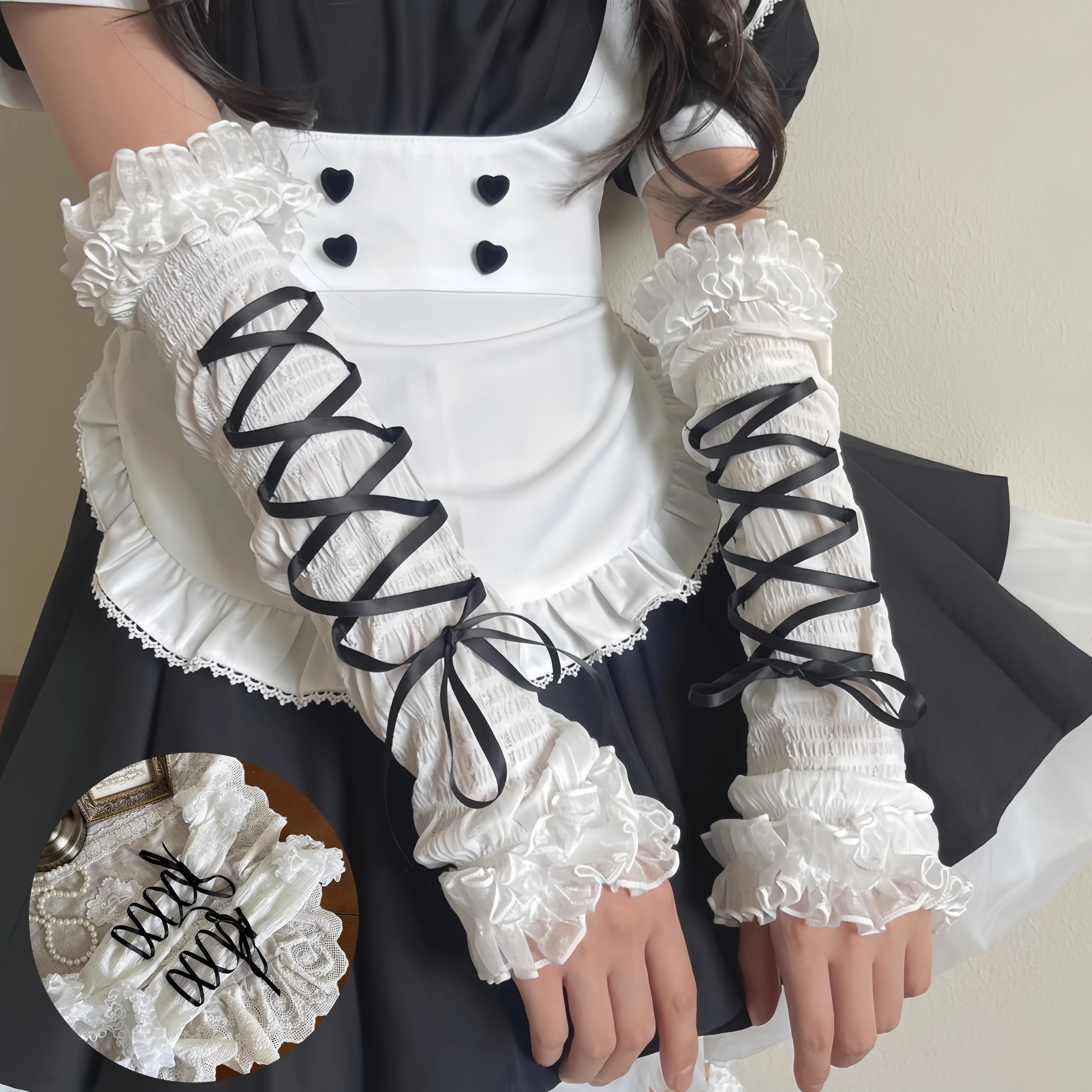 Y2K Harajuku Ballet Bow Tie Long Cuff Gloves Mesh Pleated Lace Sleeves Sweet Lolita JK Maid Style Subculture Fashion Accessory