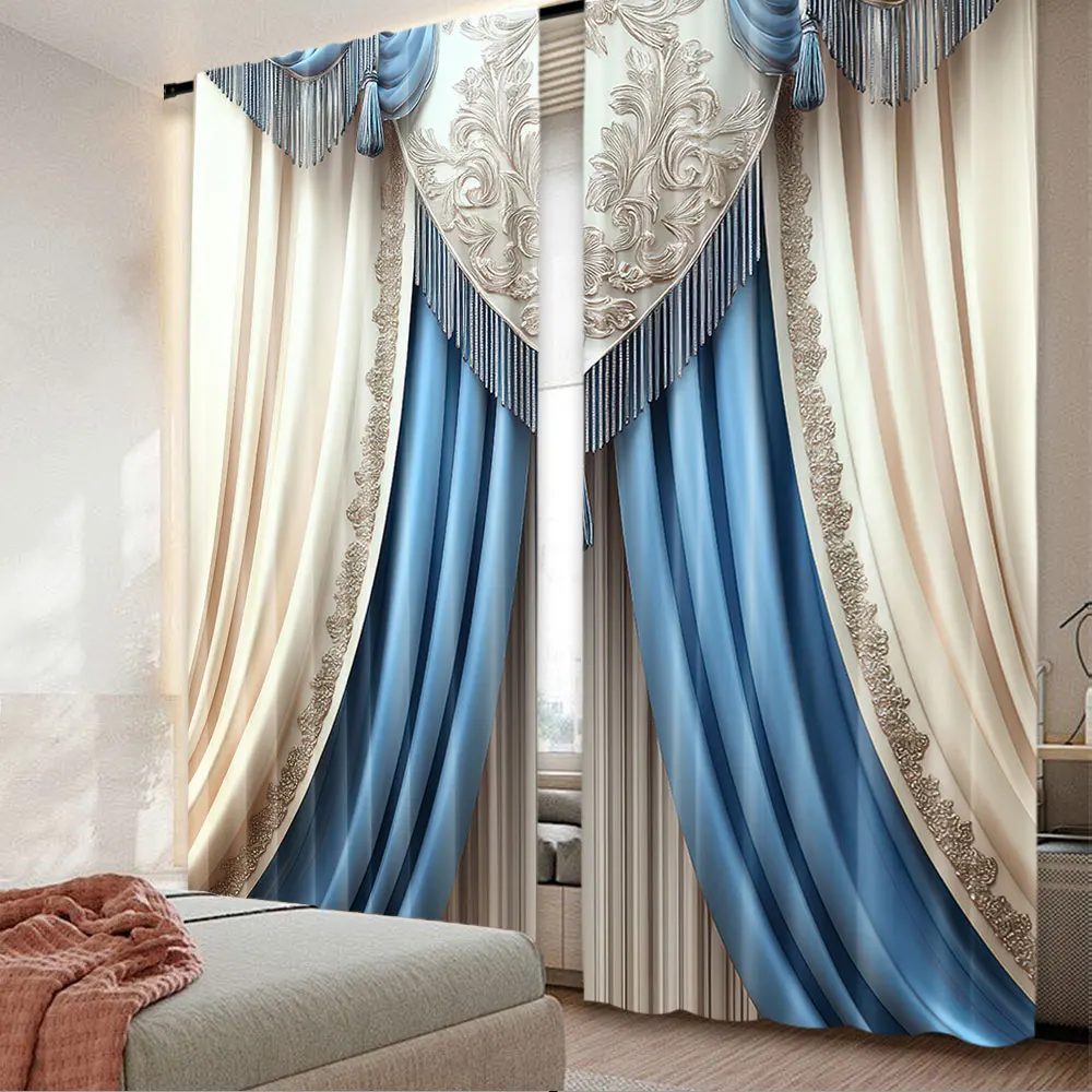 2Pcs Vintage White And Blue Pattern Curtains Aesthetic Window Drapes Perfect For Bedroom Living Room Office Decor