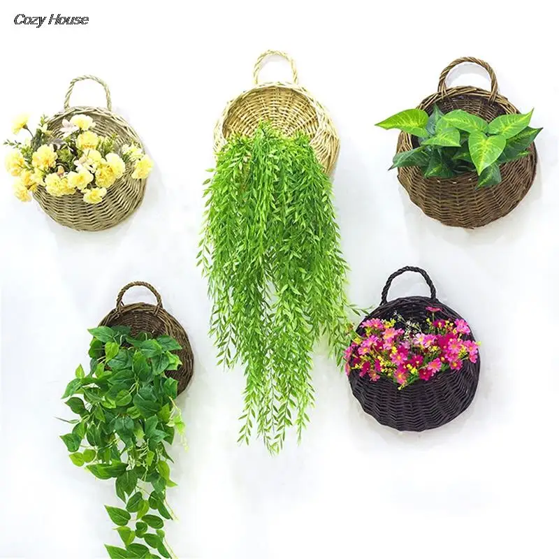 1PC Flower Planter Wall Hanging Wicker Rattam Basket Garden Vine Pot Indoor Plants Holder 4Colors