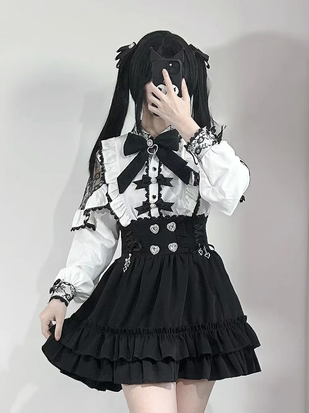 Kawii Jirai Kei Skirt Outfit Lolita Girls Blouse Top Women Long Sleeve Shirt 2025 Bow Black Shirt Y2K Sweet Japanese Lady Style