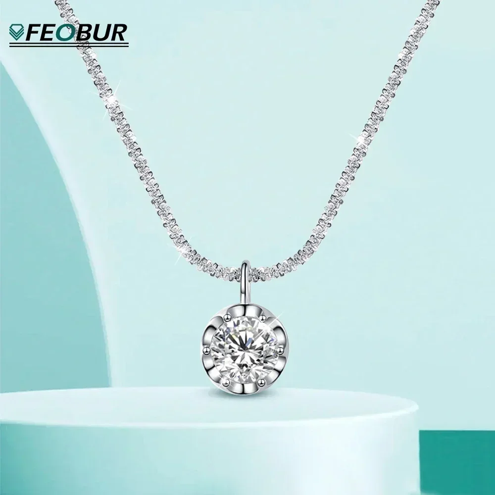 FEOBUR 1/2CT Sparkling Moissanite Diamond Necklace for Women Real S925 Silver Chains Pendant Female Wedding Trend Jewelry Gift