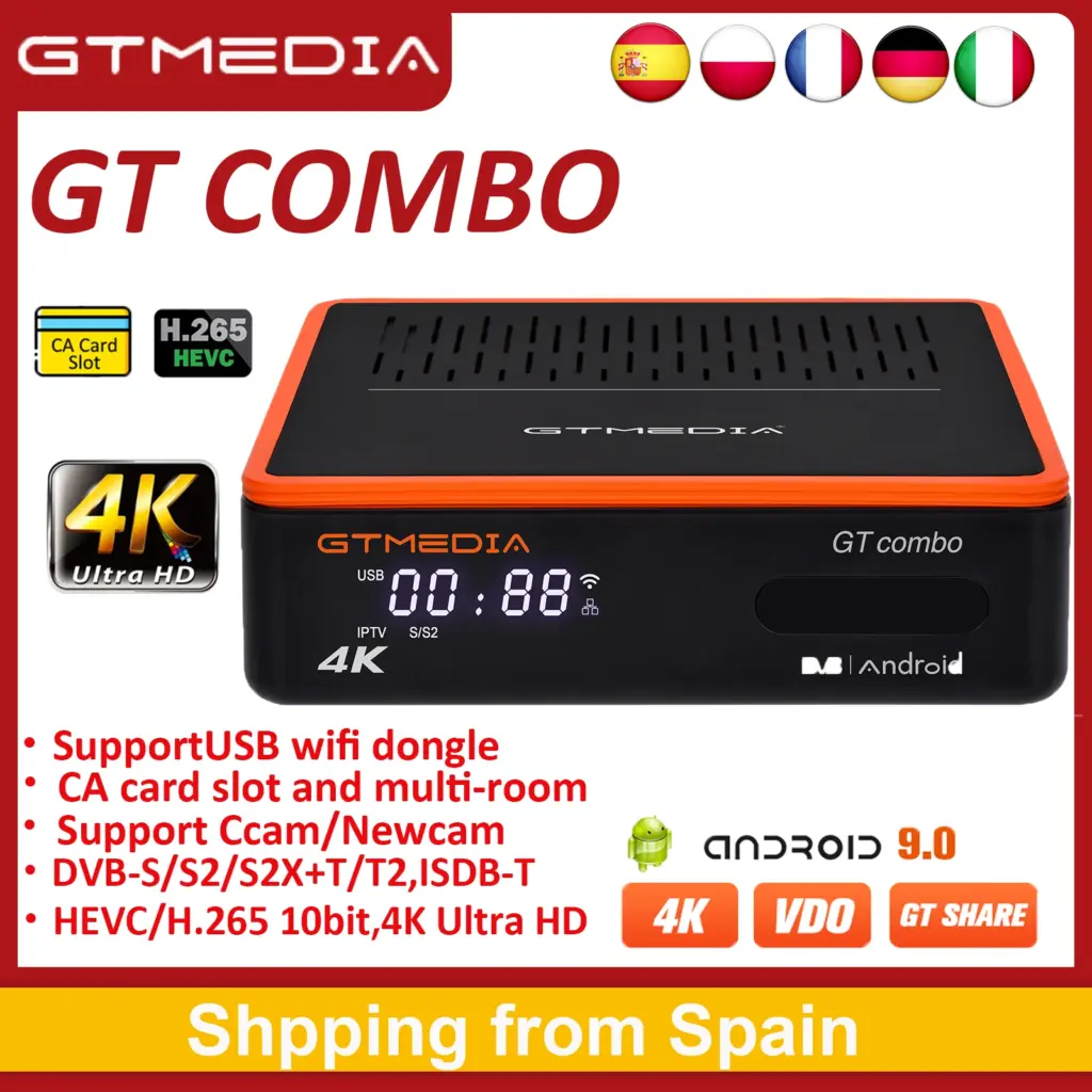 GTMEDIA GT COMBO 4K Android 9.0 Satellite Receiver DVB-S/S2/S2X,T/T2/C,ISDBT,ASTC HEVC/H.265 UHD TV BOX Support MARS/CCAM/M3U