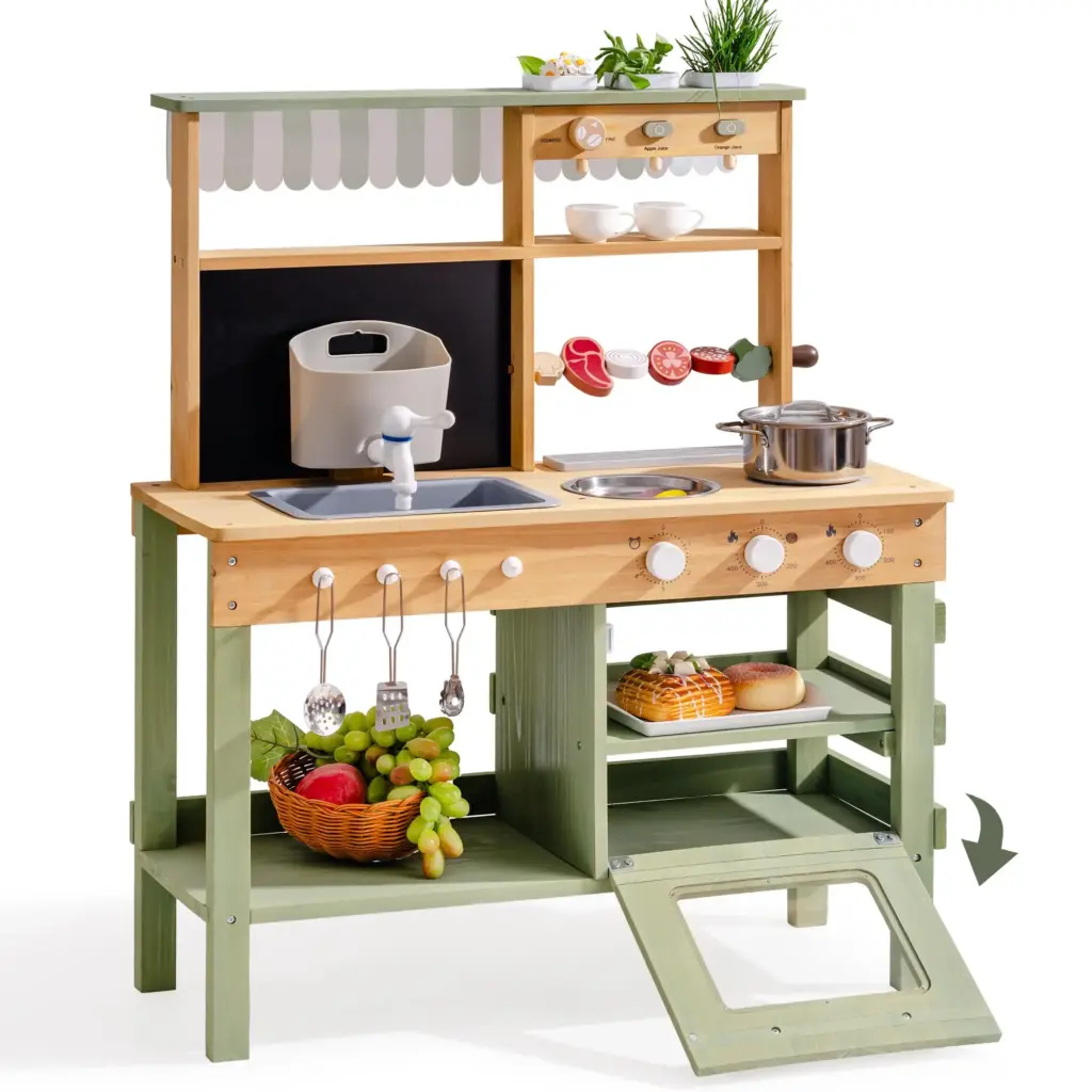 ROBUD Mud Kitchen Outdoor Solid Wooden Play Kitchenwith Barbecue Grill Removable Sink Faucet Monteeori Toys for Children Ages 3+