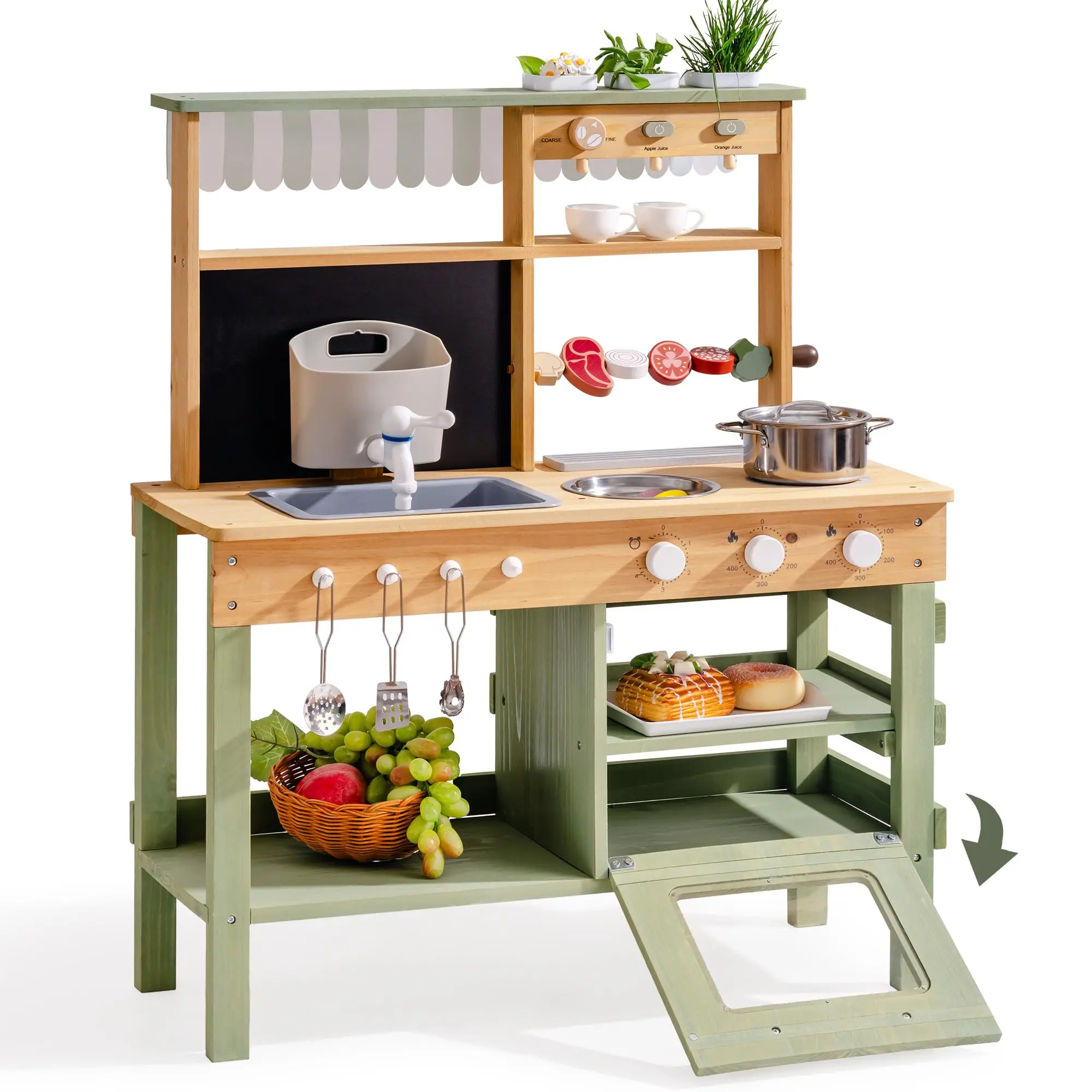 ROBUD Mud Kitchen Outdoor Solid Wooden Play Kitchenwith Barbecue Grill Removable Sink Faucet Monteeori Toys for Children Ages 3+